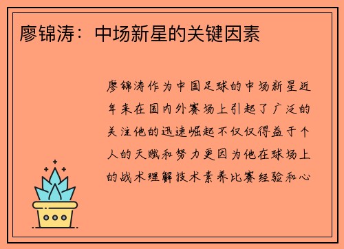 廖锦涛：中场新星的关键因素